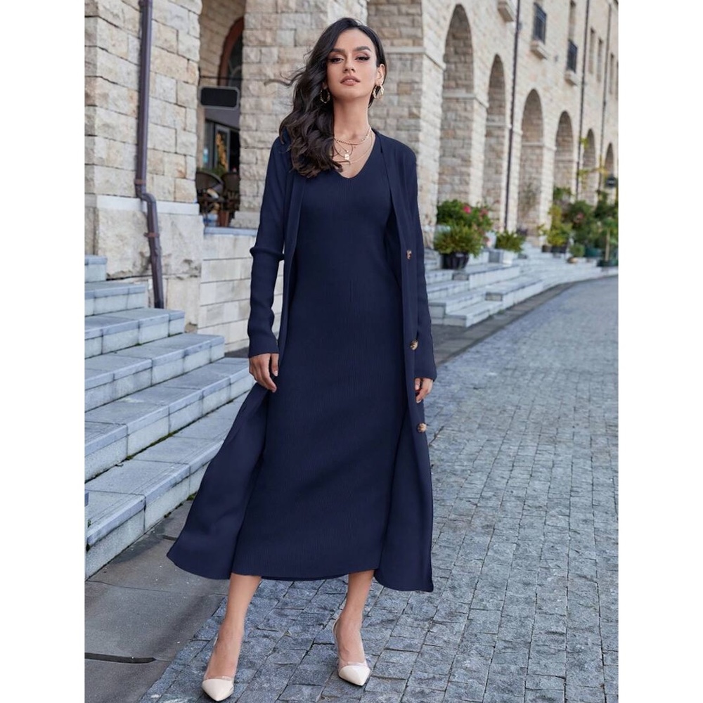 2 Piece Set: Knit Midi Pencil Dress and Long Cardigan Button Through - Picture 6 of 14